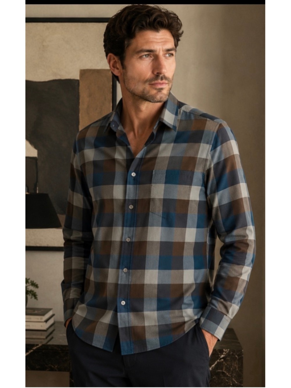 Men's UNTUCKit Plaid Button Down Shirt Size M Blue Brown New Wrinkle Free